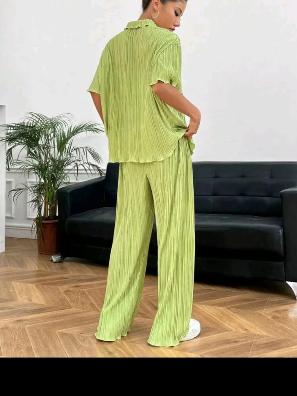 Texture Wide Leg Pants Set in Lime Green